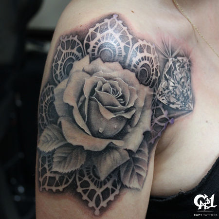 Tattoos - Realistic Rose and Diamond Tattoo - 126640