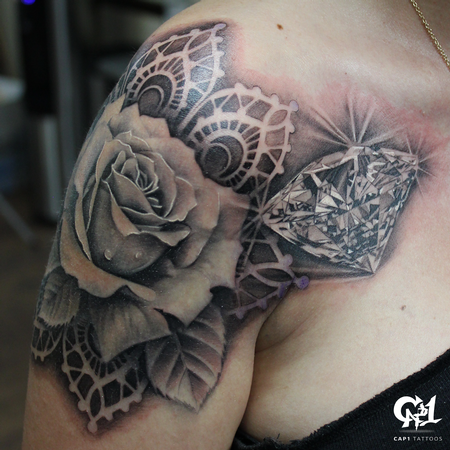 Tattoos - Realistic Rose and Diamond Tattoo - 126641