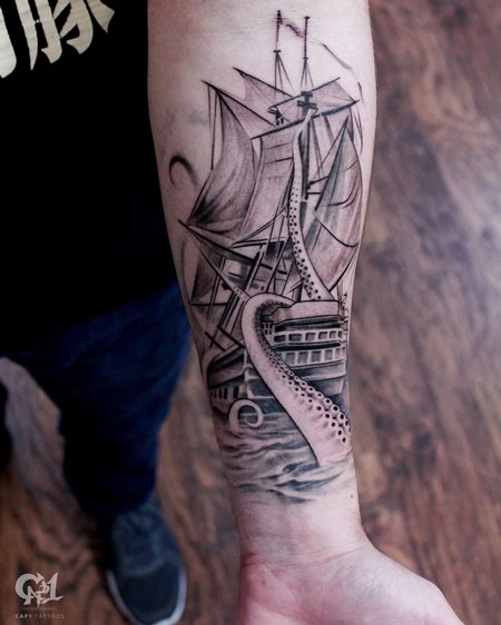 Tattoos - Ship and Octopus Tattoo Sleeve - 130059