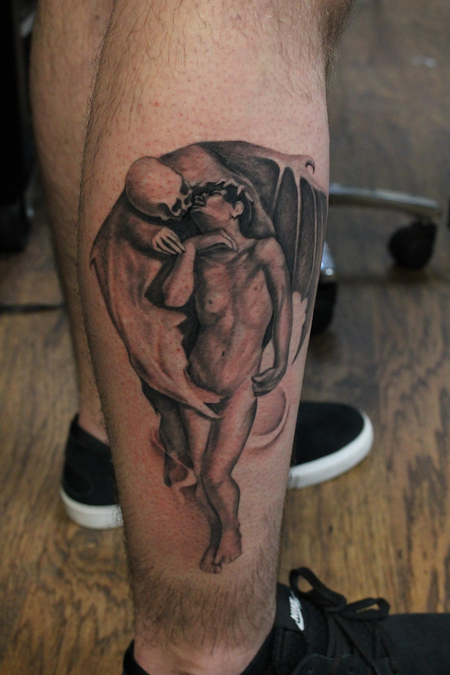 Tattoos - Black And Grey Kiss of Death Leg Piece - 117881