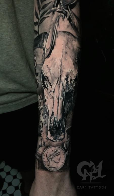 Tattoos - TexasLonghorn Skull Tattoo - 145287