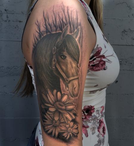 Tattoos - Black and Grey Horse and Daisies  - 120415