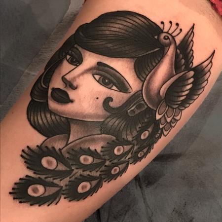 Tattoos - Black and Grey Peacock girl  - 128387