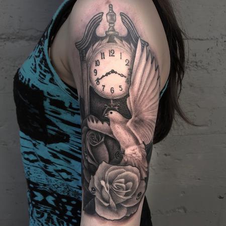 Tattoos - BLACK AND GREY CLOCK, ROSES AND DOVE - 132337
