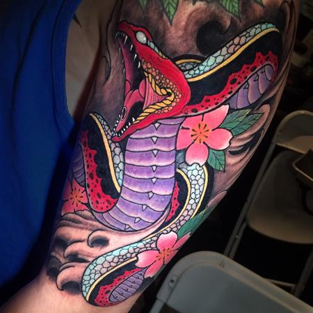 Tattoos - JAPANESE STYLE SNAKE AN CHERRY BLOSSOMS - 132341