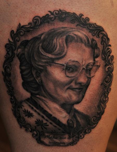 Tattoos - Mrs. Doubtfire black and grey portrait tattoo - 84467