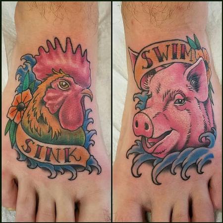 Rooster and pig feet tattoo by John Clark