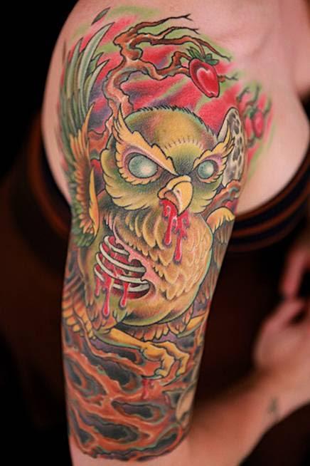 Tattoos - Color Tree and Evil Owl Tattoo - 115643