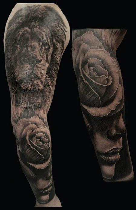 Tattoos - Realistic Lion, Rose, Portrait Sleeve  - 123645
