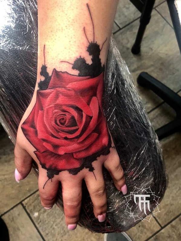 Red Rose on Hand Tattoo by Timmie Garner Tattoos