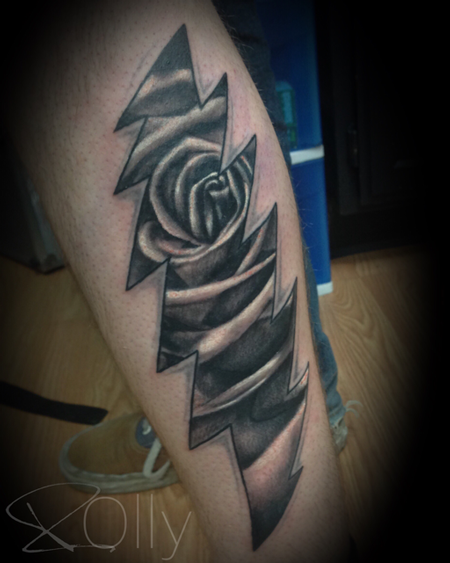 Tattoos - Black and Gray Rose in Lightning Bolt - 122983