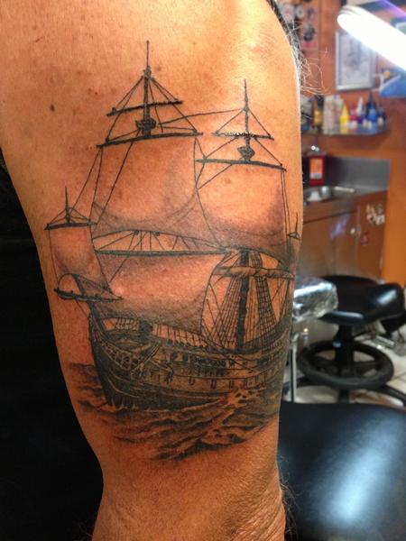 Tattoos - Black and Gray Ship Tattoo - 117556