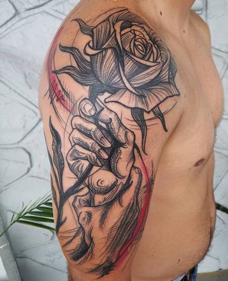 Tattoos - Trash polka hand with rose - 131504