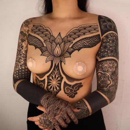 Tattoos - Chest and Sleeves Blackwork Pattern Tattoos - 143905