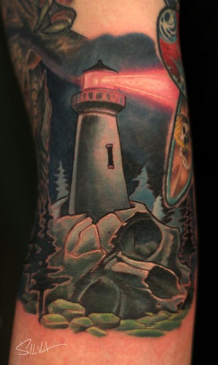 Custom Skull Lighthouse Tattoo by Marvin Silva : Tattoos