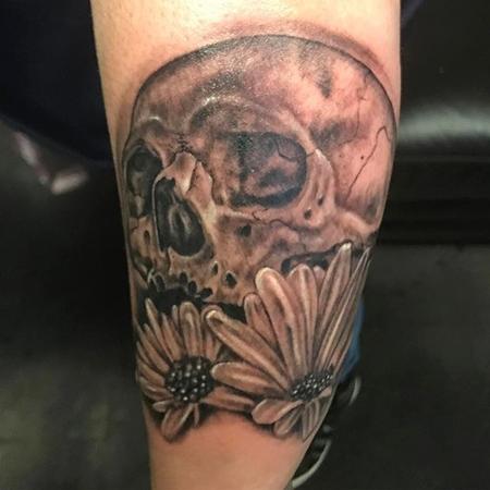 Tattoos - Black and Grey Skull and Flowers - 132020