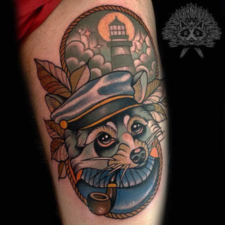 Tattoos - Neo Traditional Nautical Racoon Tattoo - 130973