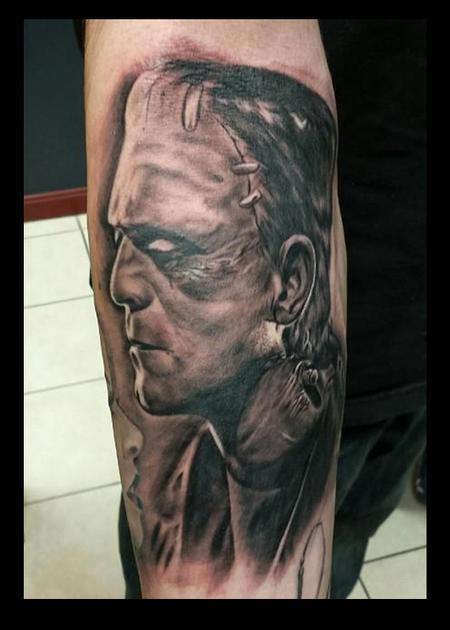 Tattoos - Black and Gray Frankenstein Tattoo - 115161