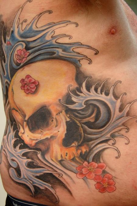 Tattoos - Skull with water & cherry blossoms - 64145