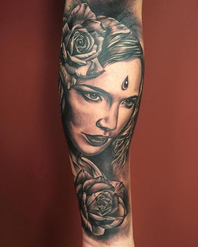 Realistic Woman and Flowers in Black and Gray by Yarda : Tattoos