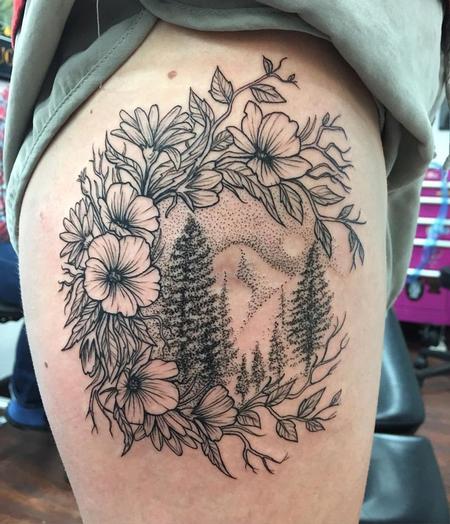 Tattoos - floral mountain scene - 115098