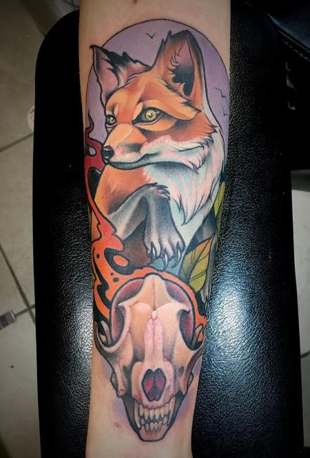 Tattoos - Fox and Skull in Flames Neotrad Half Sleeve - 141019