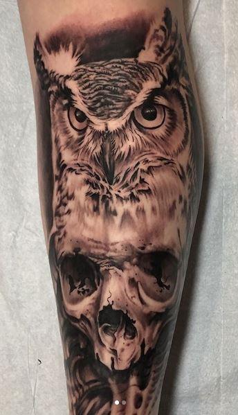 Tattoos - Black and Gray Skull and Owl Tattoo - 136109
