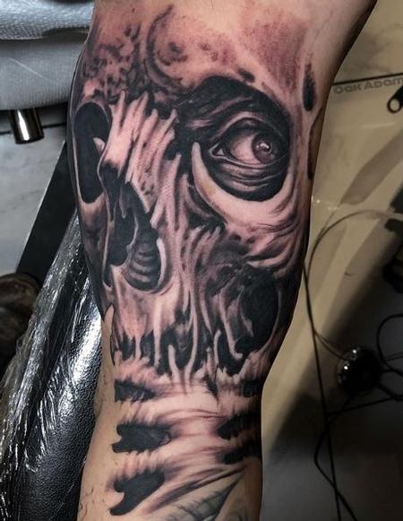 Oak Adams - Black and Gray skull with eyeball Tattoo