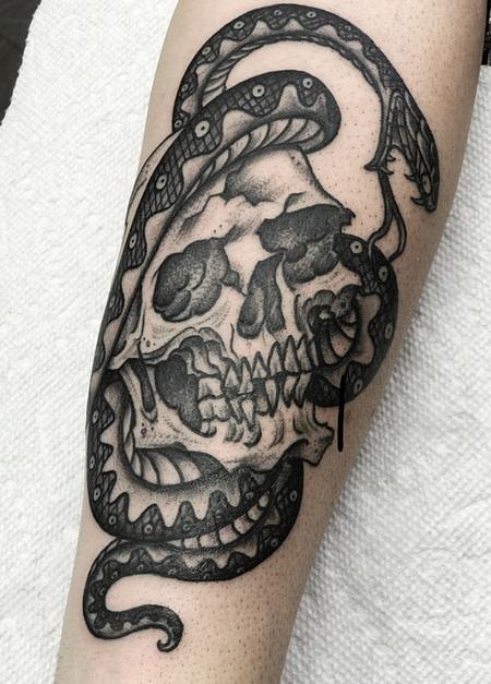 Shawn Monaco - Black and Grey Skull with Snake Tattoo