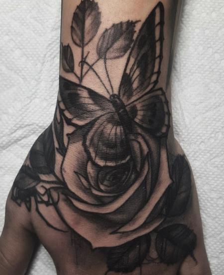 Shawn Monaco - Black and Grey Rose and Butterfly Hand Tattoo