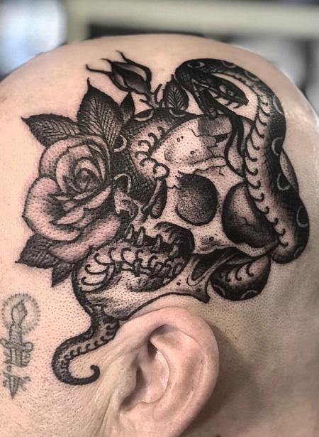 Shawn Monaco - Black and Grey Skull with Snake and Rose Tattoo