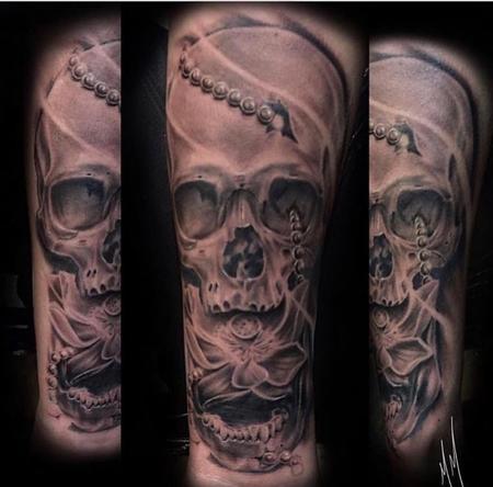 Matt Morrison - Black and Grey Skull with Lotus Tattoo