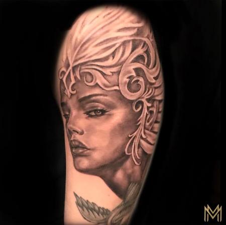 Matt Morrison - Black and Gray Woman Portrait Tattoo