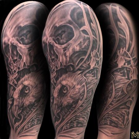 Matt Morrison - Black and Grey Skull and Bird Tattoo