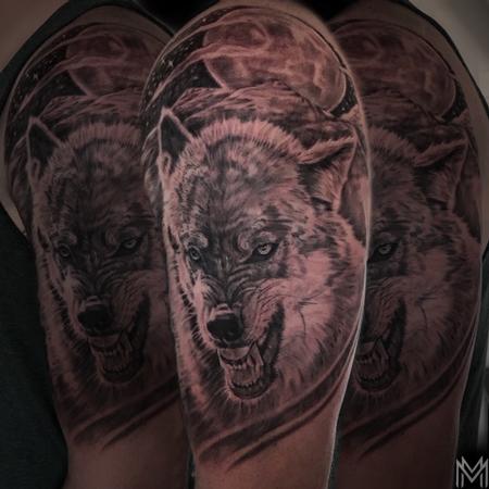 Matt Morrison - Black and Gray Wolf Tattoo