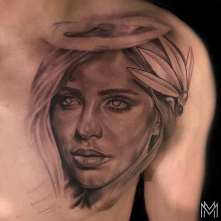 Matt Morrison - Black and Gray Woman Portrait Tattoo