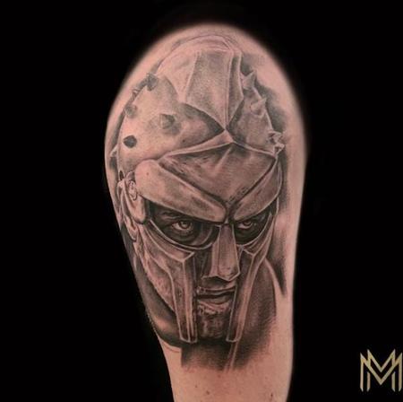 Matt Morrison - Black and Gray Gladiator Portrait Tattoo