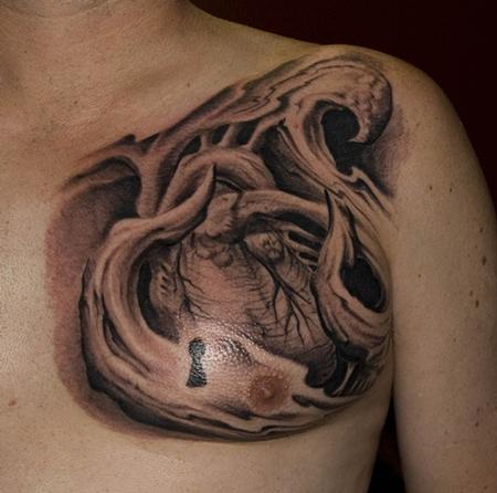 Oak Adams - Black and Gray Anatomical Heart Tattoo