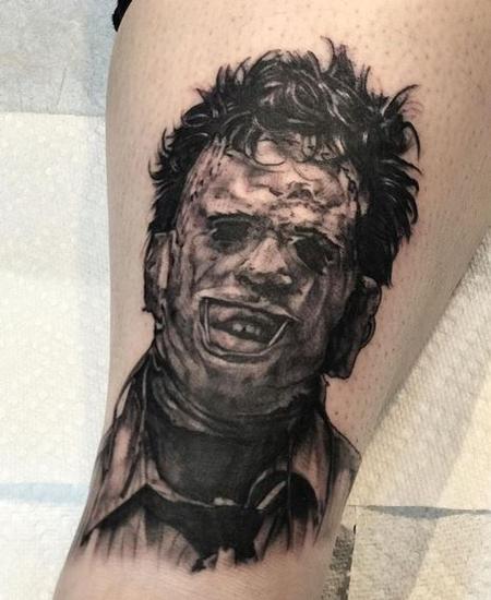 Shawn Monaco - Leatherface Portrait Black and Gray Tattoo