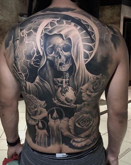 Oak Adams - Black and Gray Santa Muerte Tattoo