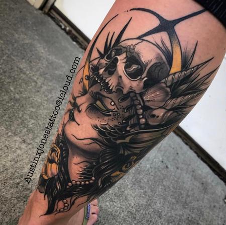 Austin Jones - Warrior Woman with Skull Headdress Tattoo