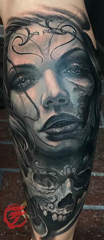 Tattoos - Day of the dead woman tattoo with skull in black and grey  - 126690