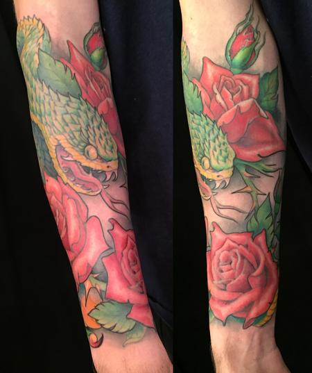 Tattoos - Color Snake and Roses Tattoo - 141500