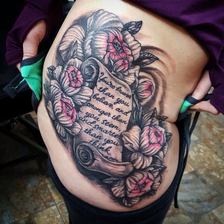 Tattoos - Flowers and Lettered Scroll Tattoo - 118990