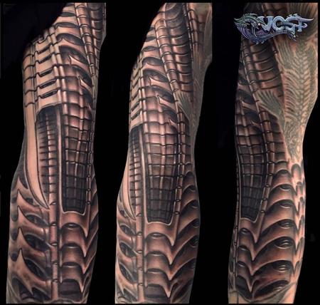 Tattoos - Black and Grey Giger inspired tattoo sleeve  - 140657