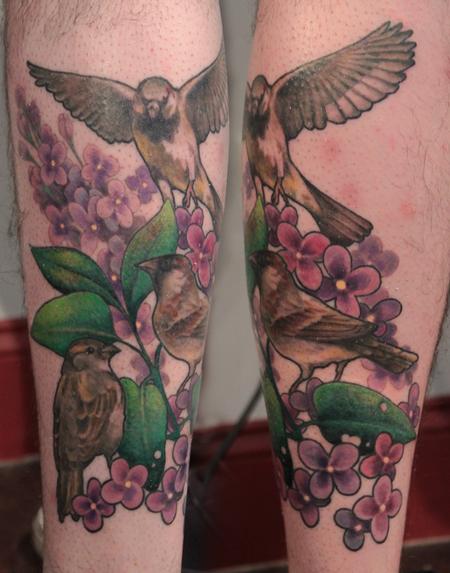 Tattoos - Sparrow Family and Flowers Tattoo - 63723