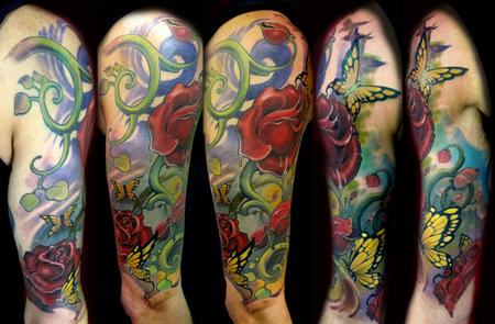 Tattoos - red roses and yellow butterflies - 56401