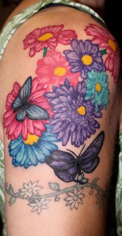 Tattoos - Color Flower and Butterfly Tattoo - 60908