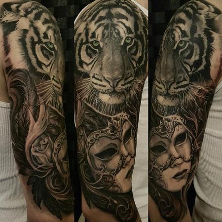 Tattoos - Black and gray Tiger and Womans portrait - 121701
