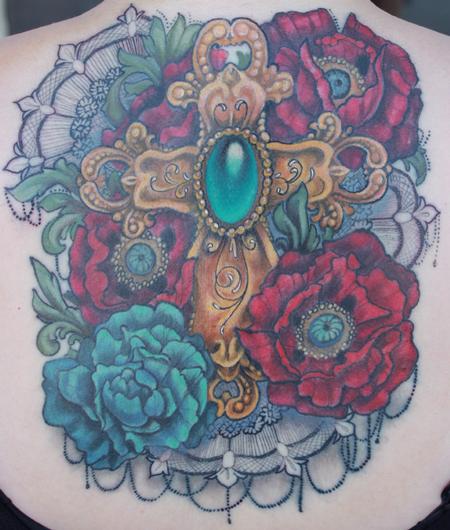 Tattoos - Cross and Poppy tattoo - 92147 Rocko Tattoos